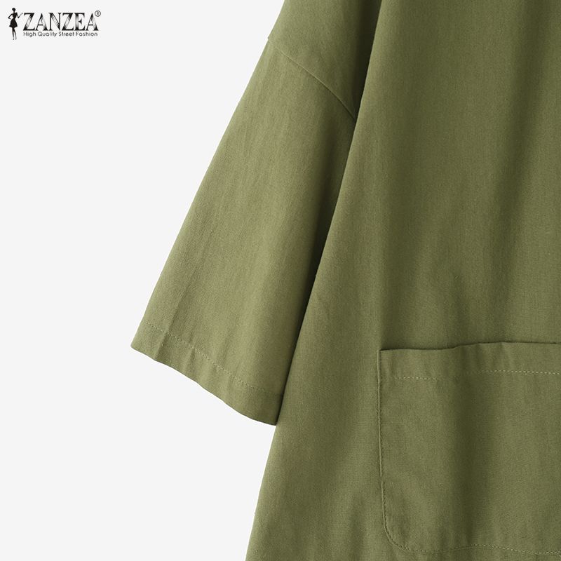 ZANZEA Женская летняя блузка из хлопка с отложным воротником, свободного кроя, с рукавом до локтя