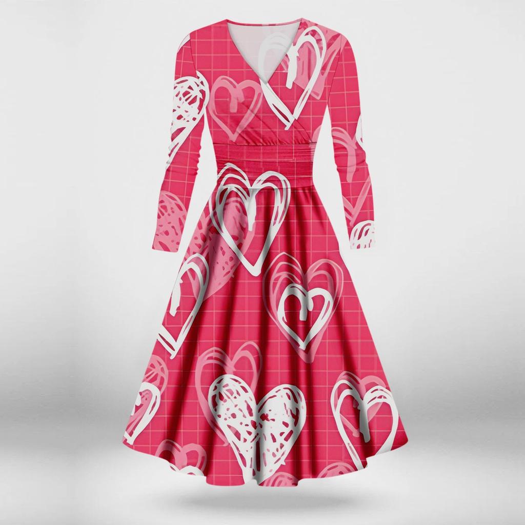 Женское модное повседневное платье с принтом ко Дню святого Валентина, длинными рукавами и V-образным вырезом, сексуальное платье