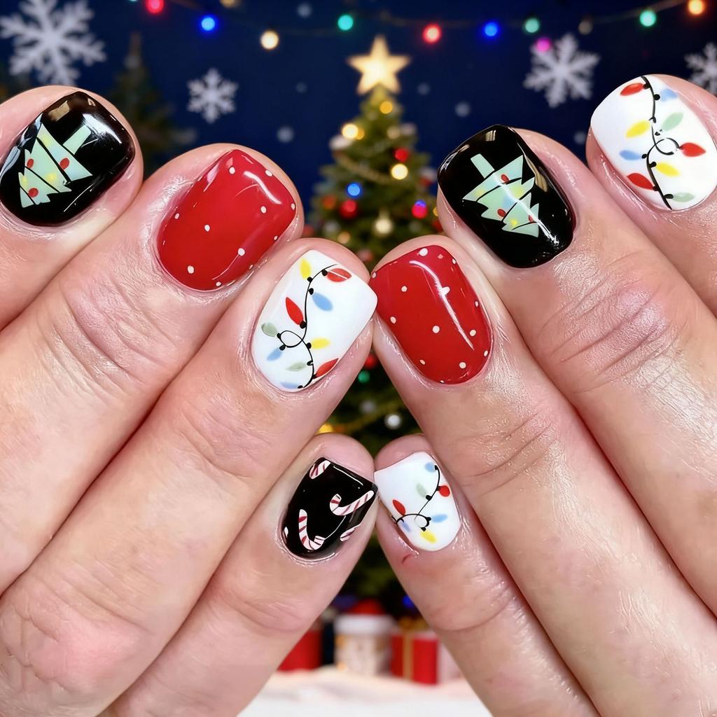 European And American Christmas Nail Art Sweet Cartoon Christmas Tree Lights Polka Dots Short Wear Nail Pads