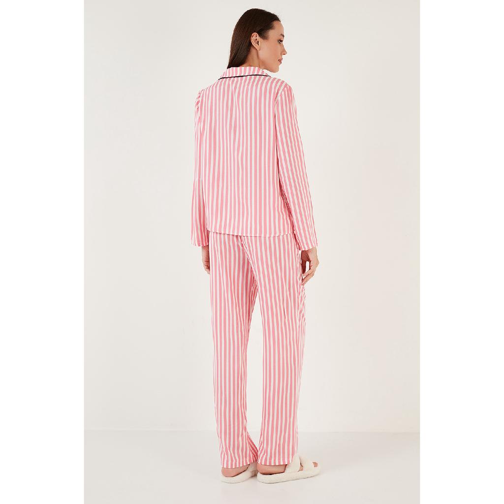 Пижамный комплект из хлопка и гибкой передней части с пуговицами в розовую и белую полоску