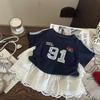 Korean Summer 2025 Girls' Letter T-Shirt & White Lace Skirt Set