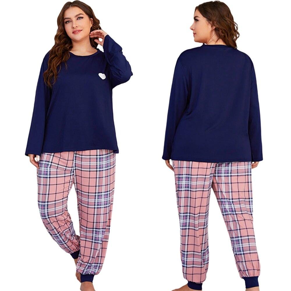 Женский пижамный комплект большого размера, брюки с длинными рукавами, домашняя одежда, пижама с круглым вырезом, 2 предмета