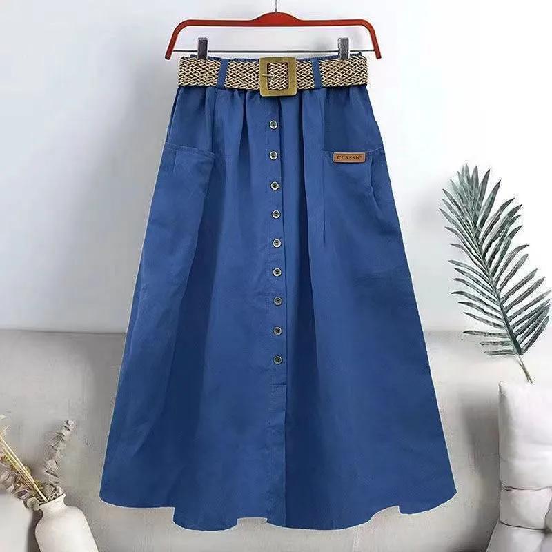 Women Summer Casual Solid Color Long Skirts High Waist A -Line Skirt Gift Belt
