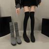 2024 New Long Tube Slimming Round Toe Thick Heel Spring and Autumn Winter Long Boots for Women Elastic Knitted Knee High Boots