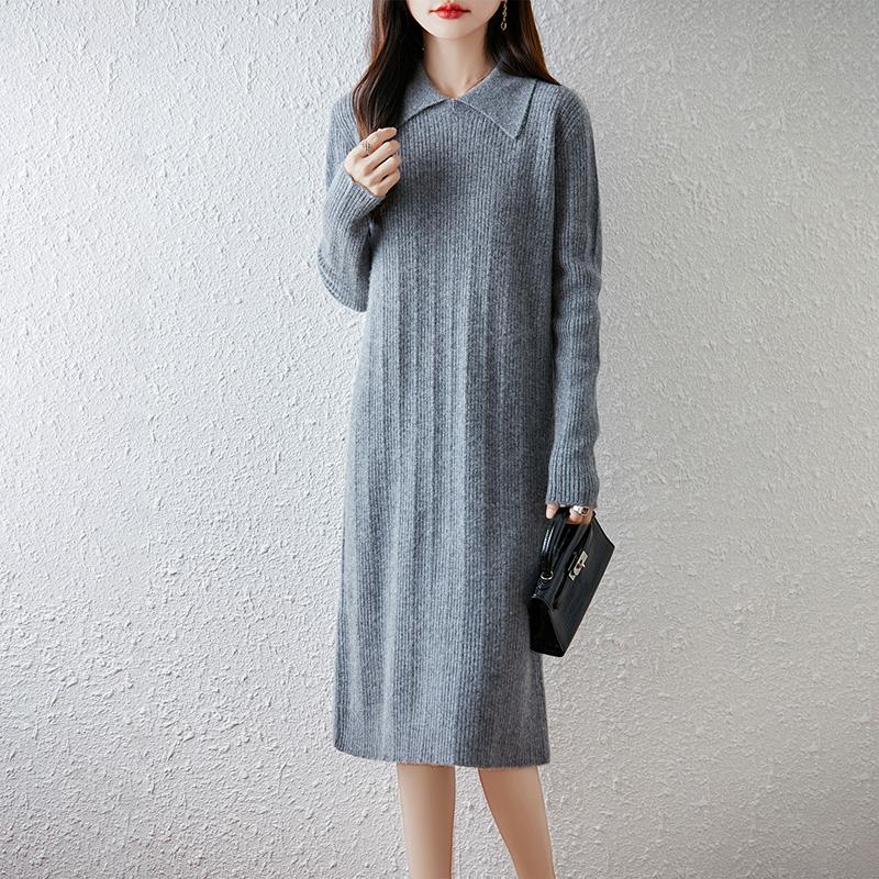 Women Sweater Dress 100% Wool TIDENOVEL Turn-down Collar Knit Long Pullover Winter Jumpers Wool Long Dress Female