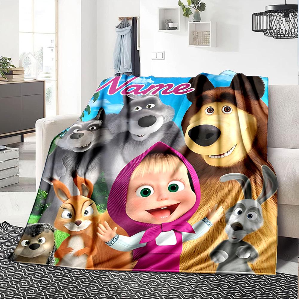 Custom Name Masha Bear Flowers flannel Blanket for Super Soft Cute Comfort Blanket for Travel Bedding Couch Sofa Blanket