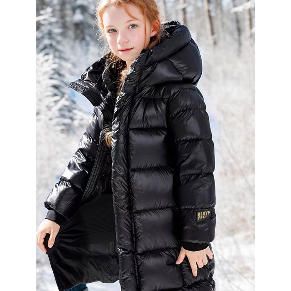 Kids Girls Winter Thickened Hooded Solid Color Warm Down Cotton Long Jacket