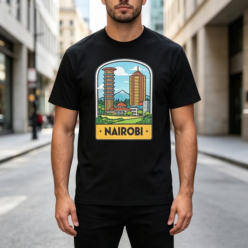 Nairobi City Landscape Graphic T Shirt Travel Souvenir Badge Print Unisex Soft Cotton Crew Neck Short Sleeve Casual Top
