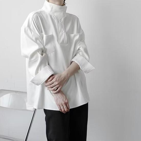 Женская рубашка с полувысоким воротником, пуговицами, полузастежкой, длинным рукавом, с карманами, однотонная свободная посадка, топы-пуловеры