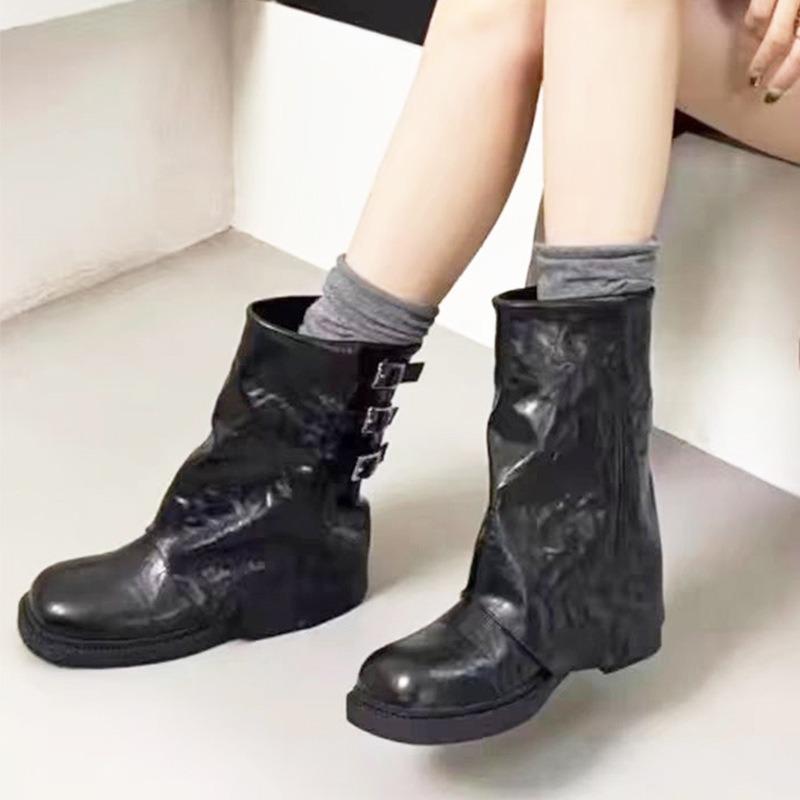 Autumn and Winter New Fashionable Retro Old Polished Belt Buckle Medium Boots Women's Thick Heel Knight Trouser Leg Boots Martin