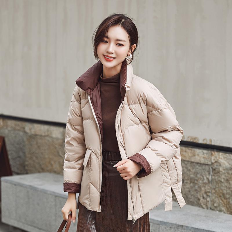 Женская белая куртка на утином пуху, зимнее свободное пуховое пальто с воротником-стойкой, женская теплая короткая зимняя верхняя одежда