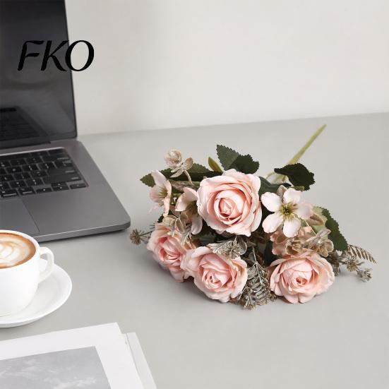 Faux Fern Leaves Artificial Rose Flowers Bouquet for Wedding Bridal, Fake Light Luxury Floral Arrangement Home Decoration And Photography Props,
