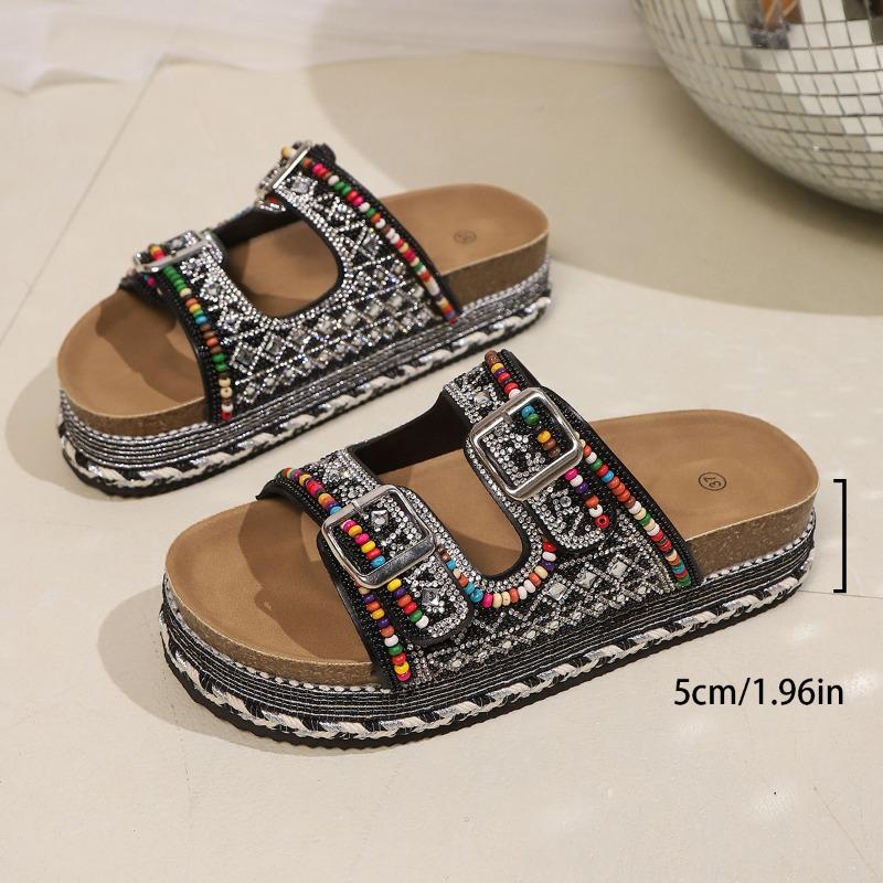 Summer New Thick-soled Hemp Rope Double-buckle Rhinestone Cork Beach Slippers Large Size Colored Women's Shoes