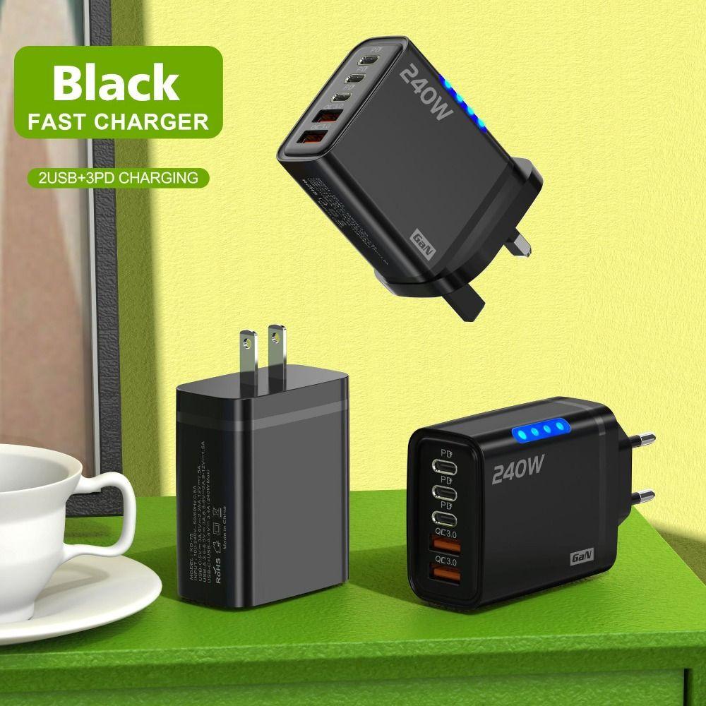 Адаптер-зарядное устройство для телефона с 5 портами, светодиодный, USB C, 240 Вт, вилка для iPhone/Xiaomi/Samsung