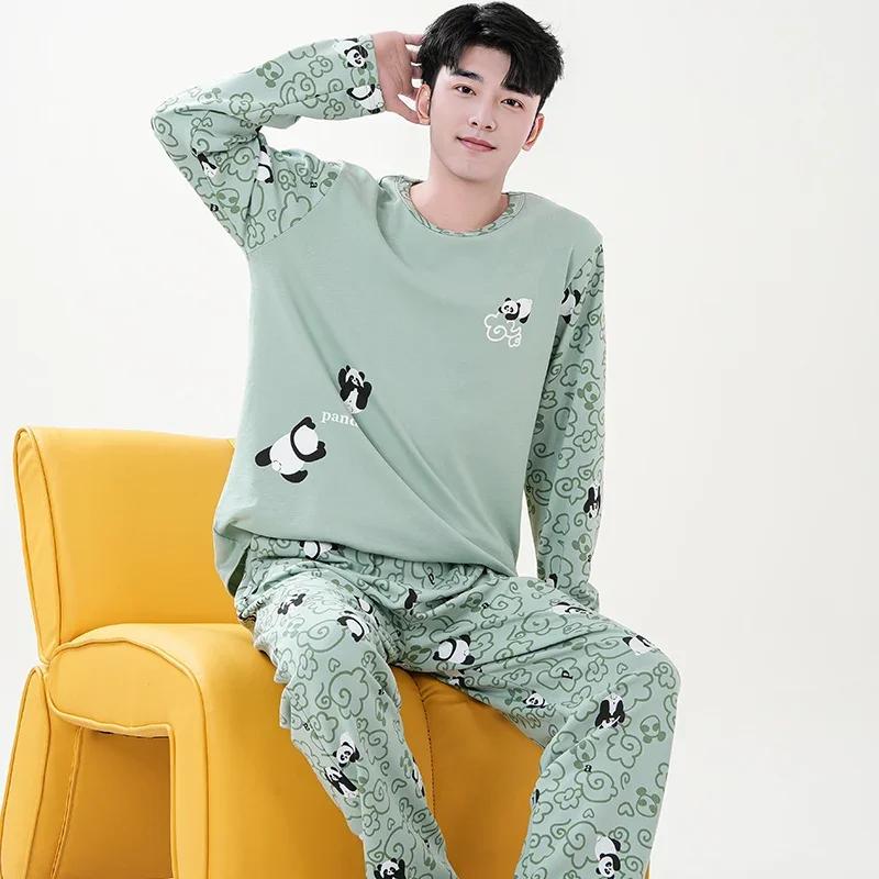 Милый пижамный комплект с рисунком панды для мужчин, хлопковый осенний комплект с длинными рукавами и круглым вырезом, ночная рубашка для осени и весны, домашняя одежда для мужчин