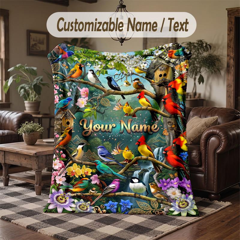 Birds Flowers Theme Throw Blanket Custom Name Text Personalized Blanket Soft Cozy Blanket for Home Sofa Bed
