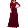 Women V-neck 3/4 Sleeve Gown Dress Crochet Lace Mesh Stitching High Waist A-Line Maxi Dress Backless Solid Color Long Dress