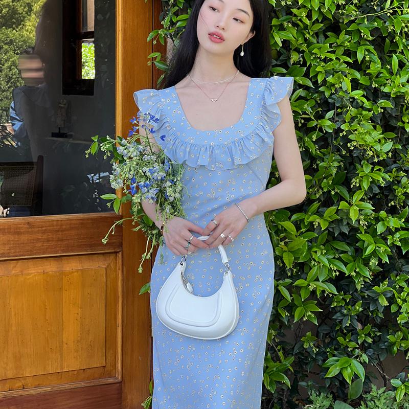 Милые платья миди с принтом для женщин с развевающимися рукавами для девочек, милые винтажные пляжные платья с оборками и цветочным принтом, макси, облегающее платье без рукавов, летнее