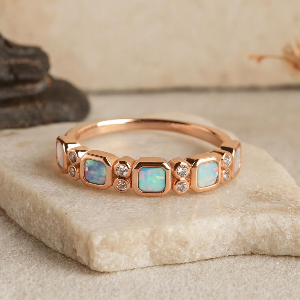 Wedding Engagement Anniversary Promise Gift – Rose Gold Plated Opal Band, Hexagon Cut Opal & Diamond Accent Ring, Dainty Bridal Jewellery for Women