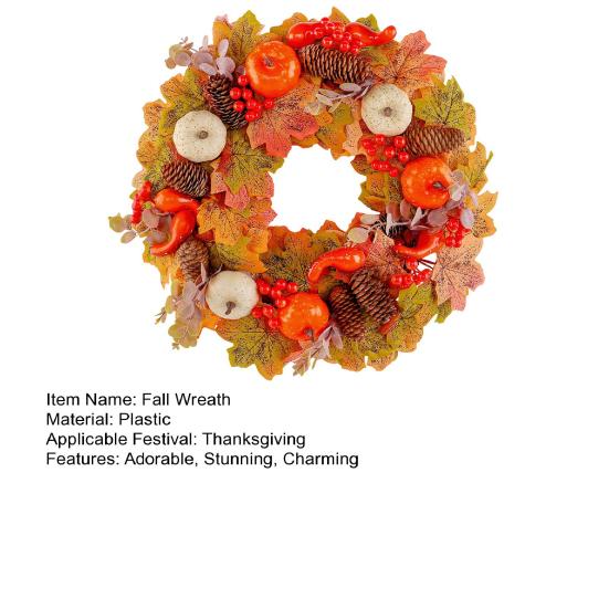 18 Inch Fall Wreath for Front Door Autumn Artificial Wreath with Pumpkin Maple Leaves Berries Pine Cones for Thanksgiving