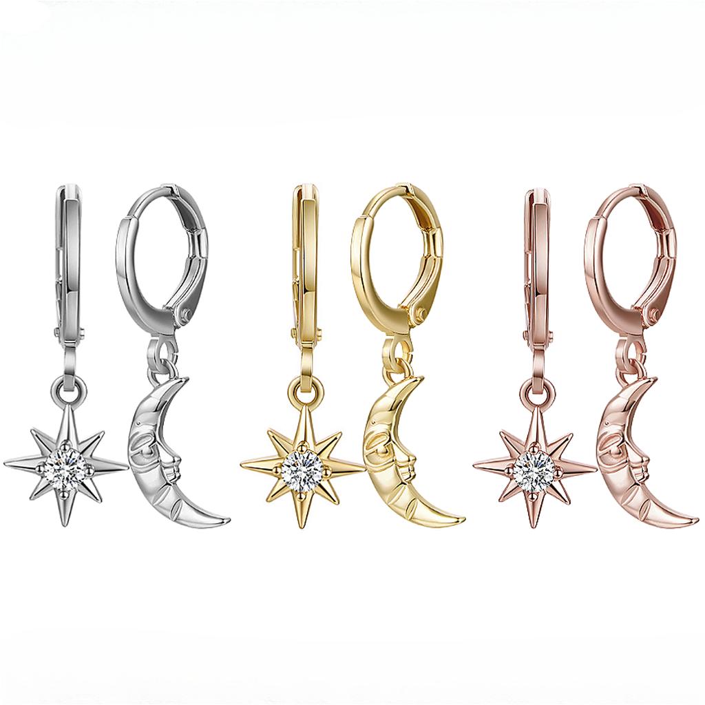 Асимметричные серьги с одним цирконием в форме звезды и луны Wild Ins Wind Jewelry
