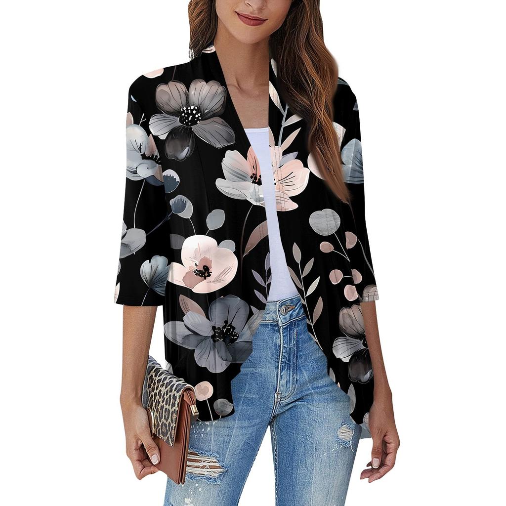 Women'S Casual Daily Cropped Sleeve Printed Shirt Top Soft Drape Ruffle Cardigan