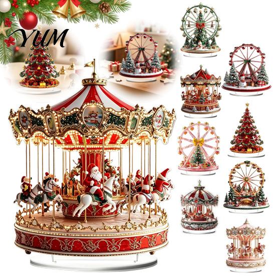 DIY Holiday Crafts 2D Acrylic Christmas Ferris Wheel Tabletop Decoration, Festive Village Scene Ornament Snap-on Decorative Structures with Snowman &
