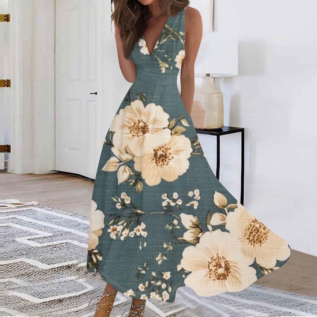 Женские модные повседневные свободные платья с V-образным вырезом без рукавов с принтом