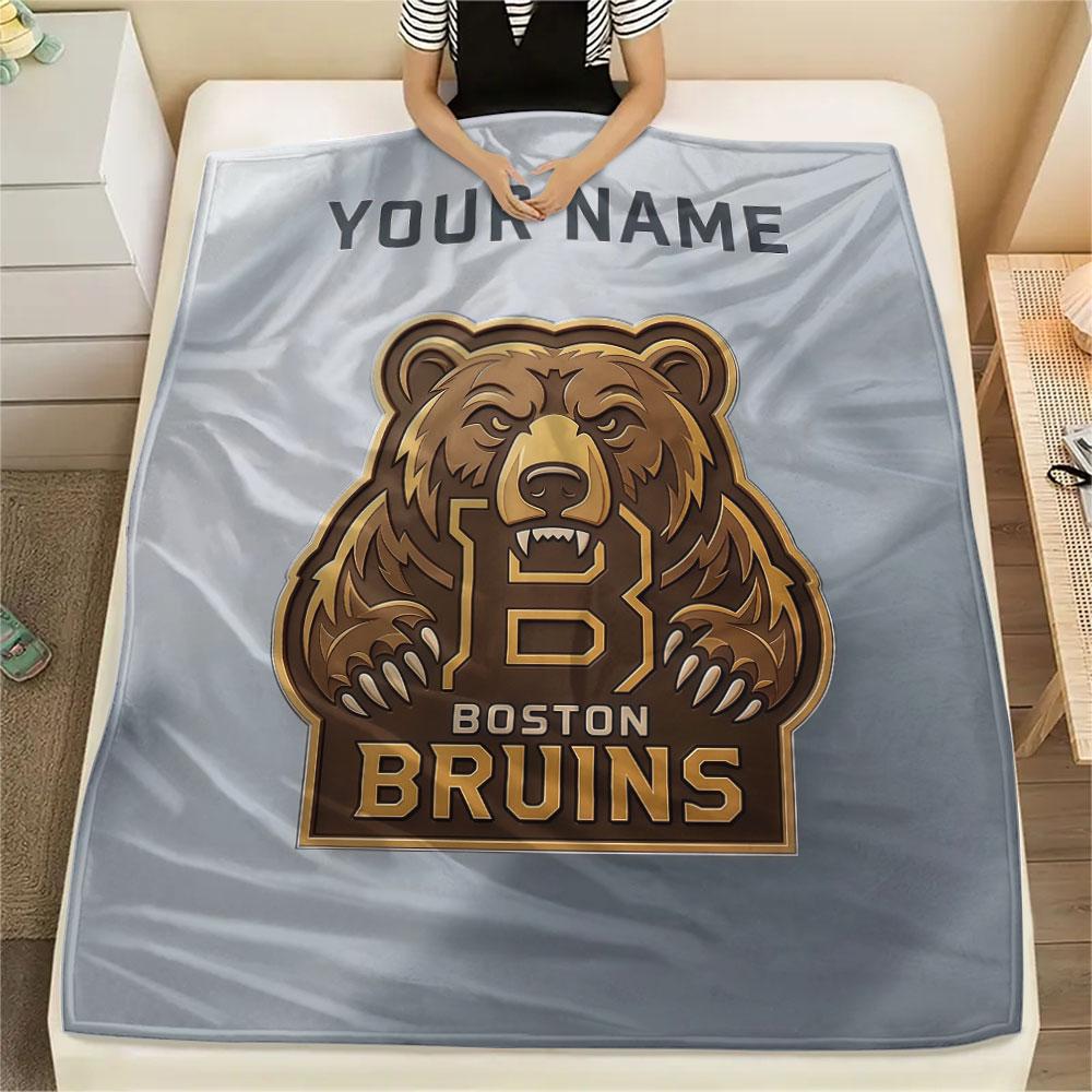 Custom Name,Boston Bruins Printed Flannel Blanket, soft throw for bedroom sofa, washable, Christmas present, great gift.