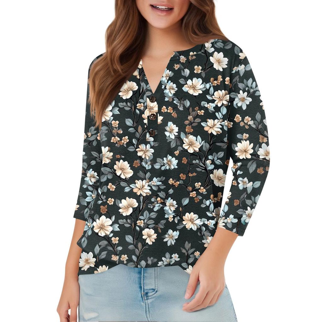 Женский модный повседневный пуловер с рукавом 3/4, принтом на пуговицах и V-образным вырезом