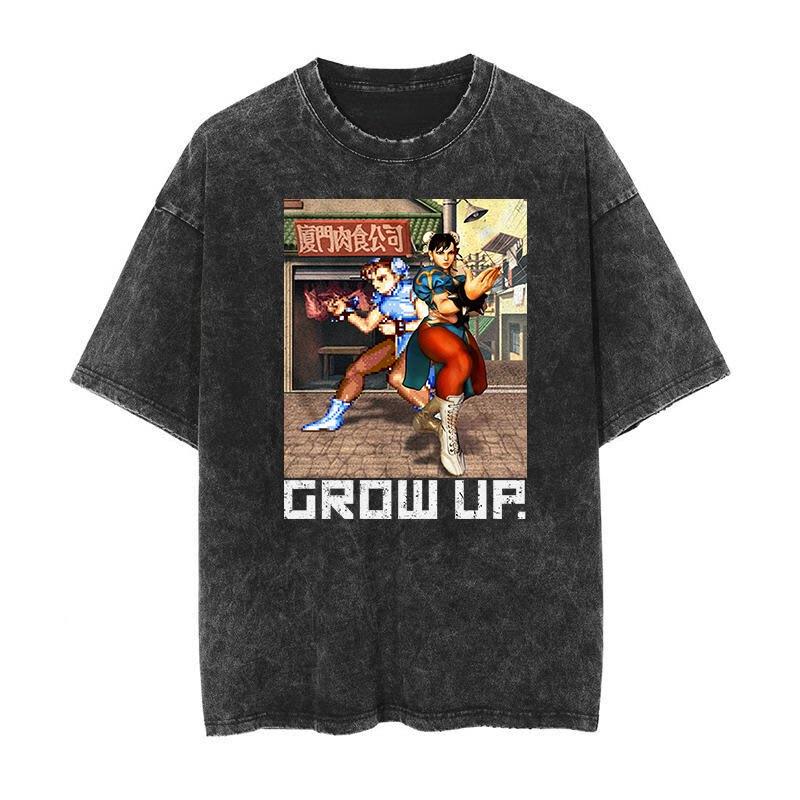 2026 Summer Street Fighter Japanese-style Vintage Washed Retro Batik Arcade Print Number Short-sleeved T-shirt