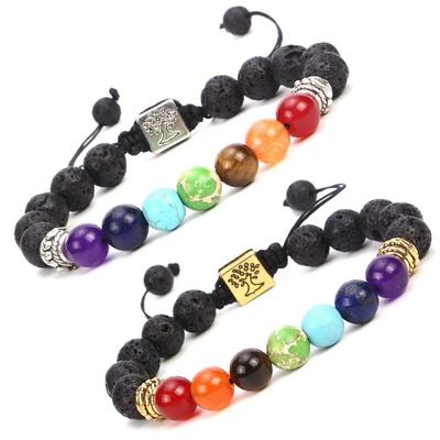 Браслеты-шармы Древо Жизни 7 Чакр Мужские Бусины из Лавового Камня Плетеная веревка Ручная работа Браслет Женские Украшения для Йоги Подарок