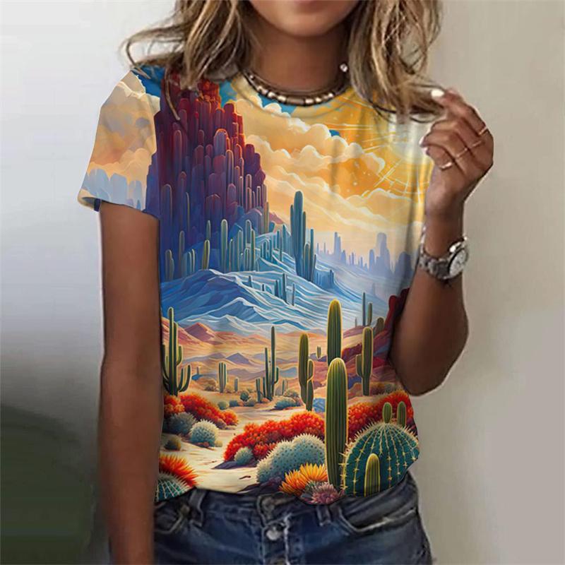 Summer Round Neck 3D Natural Scenery Printed Top Fashionable Casual Sunset Plants Pattern Short Sleeved Women's T-shirts