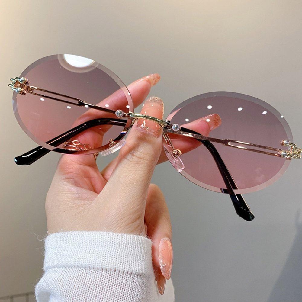 Rimless Oval Sunglasses Vintage Metal Punk Sun Glasses Trendy Frameless Shades Uv400 Protection Gradient Lens Glasses