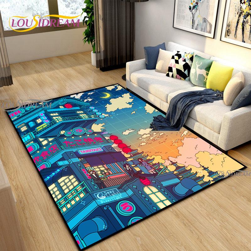 Японское Аниме Ночной Пейзаж Ковры Детская Игровая Напольная Подстилка Alfombra Мультяшные Ковры Современный Домашний Декор Гостиной Моющийся Напольный Ковер