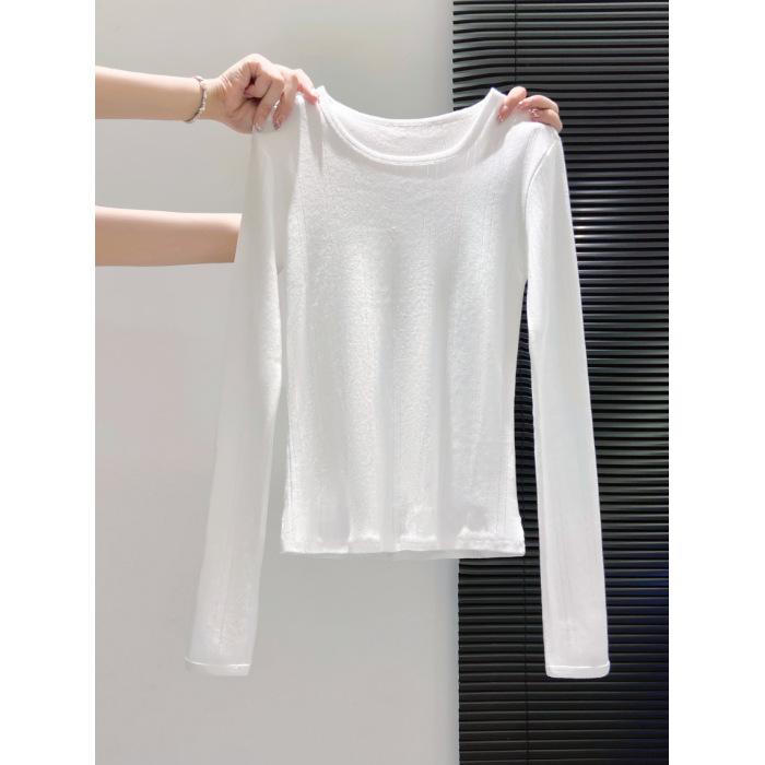 Slim and slim Spice Girl Top Autumn Slight Transparent Crew Neck Jacquard Texture Long Sleeve T-Shirt Front Shoulder Bottom Shirt Women