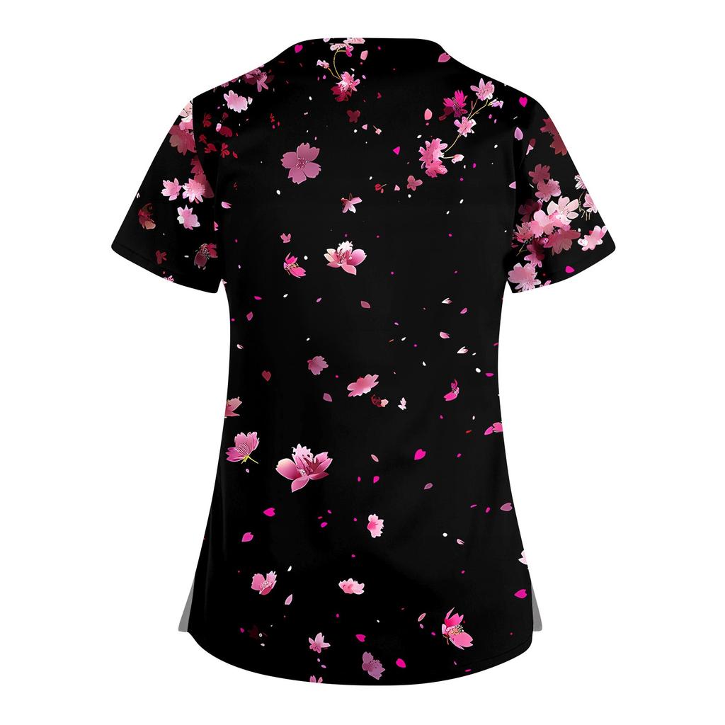 Women's Short Sleeve Stagger V Neck Print Pocket Dry-nurse Top