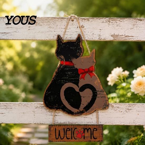 Romantic Holiday Porch Sign Wooden Hanging Welcome for Front Door, Cat Couple Waterproof Plaque Pendant, Rustic Farmhouse Wall Decor Outdoor