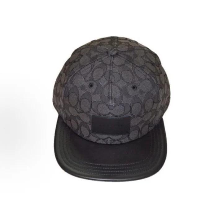 coach Signature Flat Brim Baseball Hat, Allover Black C Monogram Print Genuine Leather Brim Hard Crown Luxury UV Protection Street Skate Cap