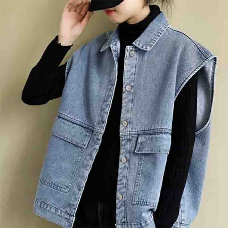 Женская весенне-летняя ретро-литература и искусство, большой размер, свободный универсальный повседневный жилет, однобортная тонкая джинсовая куртка без рукавов, пальто