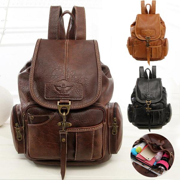 Винтажный ретро женский рюкзак для девочек-подростков, школьные сумки, большие рюкзаки на шнурке, высококачественная коричневая сумка из искусственной кожи