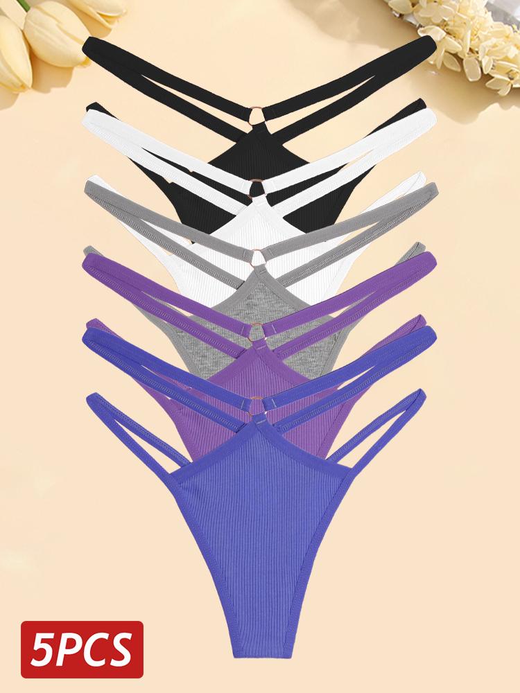 FINETOO 5 шт./компл. женские хлопковые трусики сексуальные ажурные стринги женское дышащее нижнее белье металлические кольца стринги нижнее белье эластичное с низкой посадкой