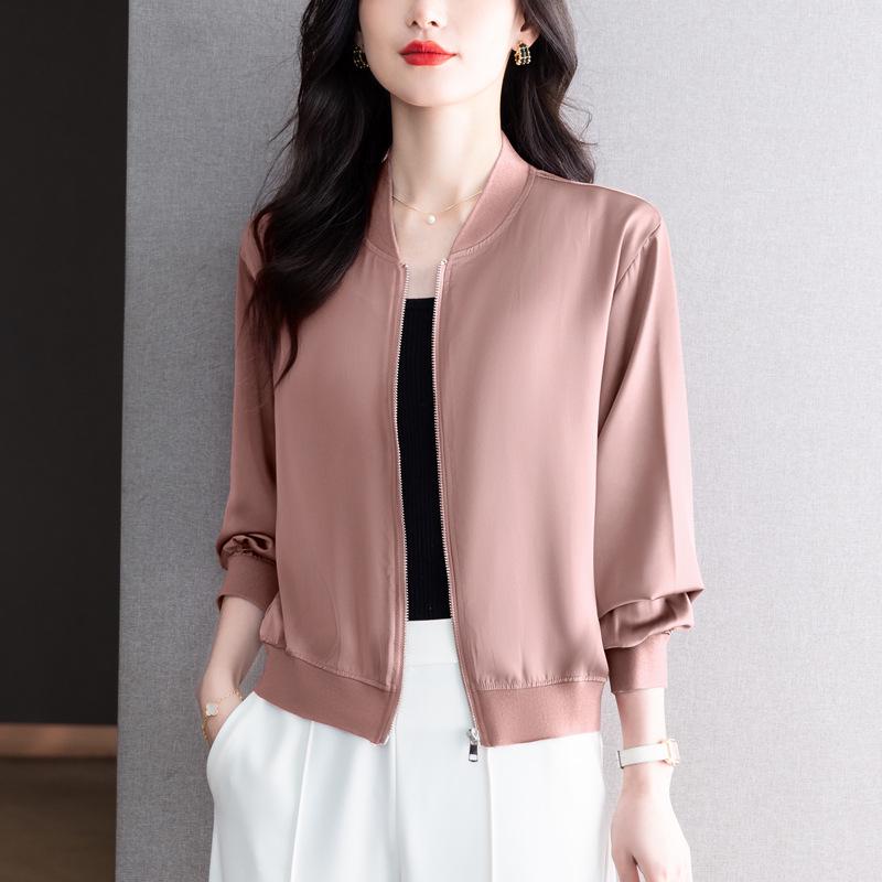 Весна 2024 Женская свободная бейсбольная куртка из ацетатного атласа - Повседневный короткий кардиган с длинными рукавами