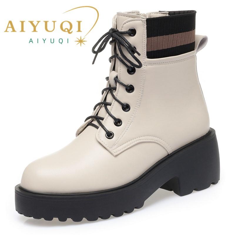 Модные зимние женские ботинки AIYUQI большого размера, модные шерстяные теплые ботильоны из натуральной кожи, женские носки-ботинки, нескользящая обувь, короткие женские ботинки
