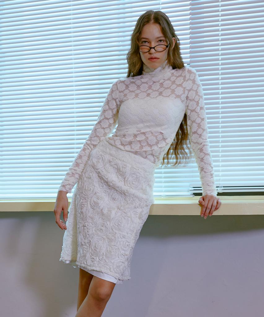 Thirteen Months Chiffon Flower Midi Skirt (White)