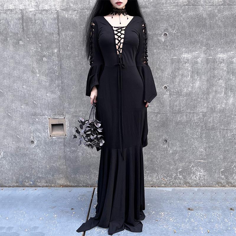 Halloween Costume Witch Long Sleeve Dress Bat Vampire Gothic Style European and American Retro Medieval Dress