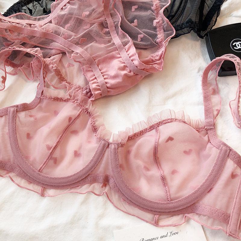 French Ultra Thin Lace Lingerie Sexy Love Embroidery Bra Set for Women Underwear Summer Breathable Plus Size CD Cup Brassiere