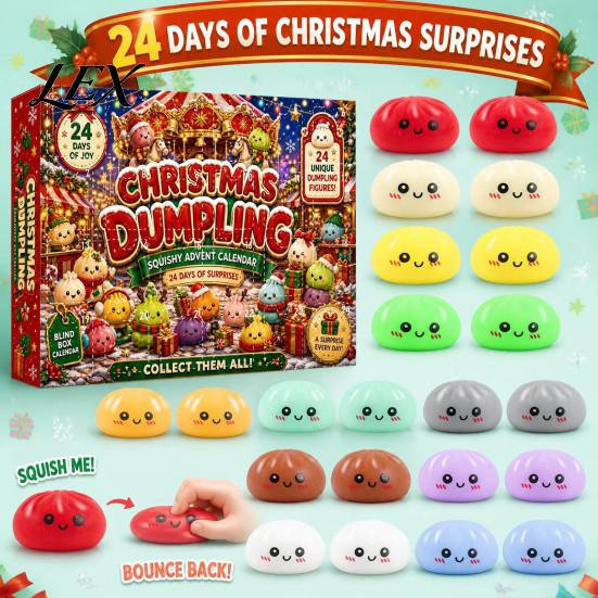 Steamed Bun Countdown Box Christmas Cartoon Dumpling Gift Box, Xmas Advent Calendar with 24 Stress Toy Relief Squeeze Toys, Days Merry