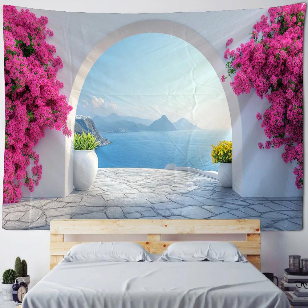 Seaside Terrace Landscape Tapestry Home Wall Hanging Polyester Printing Art Home Zen Flower Wall Natural Bohemian Style