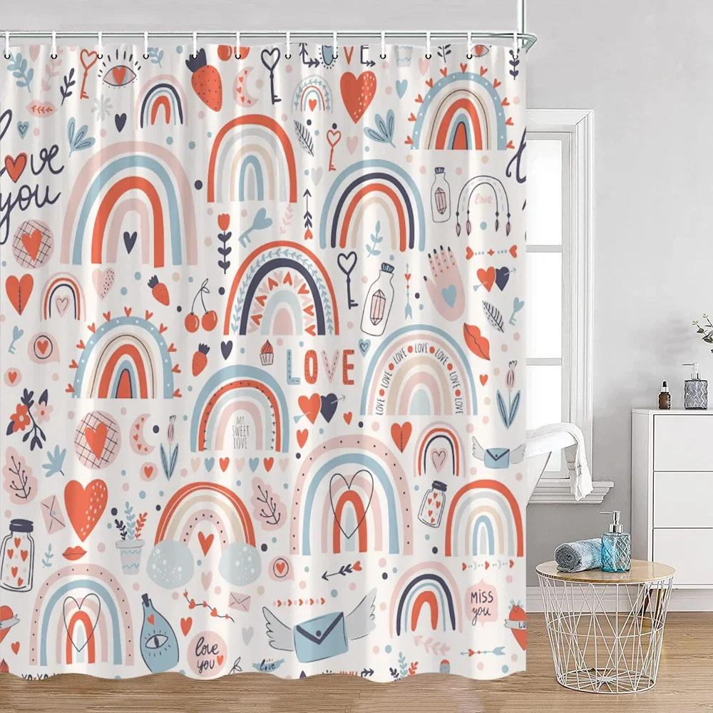 Cute Rainbow Heart Pattern Shower Curtain Children's Simple Modern Bathtub Decorative Polyester Bathroom Shower Curtain